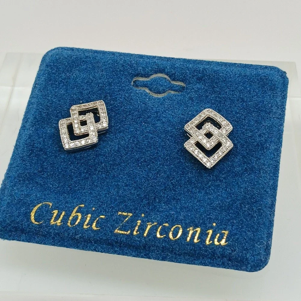Vintage 1990s‎ Cubic Zirconia Interlocking Square Stud Earrings Silver Tone Rare